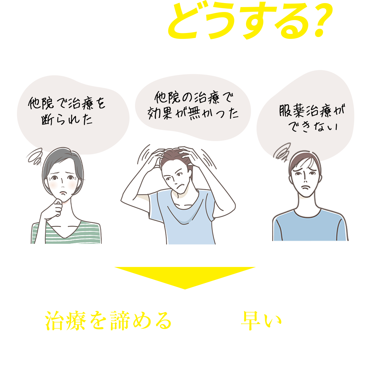 あなたらならどうする？他院で治療を断られた、他院の治療で効果が無かった、服薬治療ができない 治療を諦めるのはまだ早いです！TOMクリニックに一度ご相談下さい
